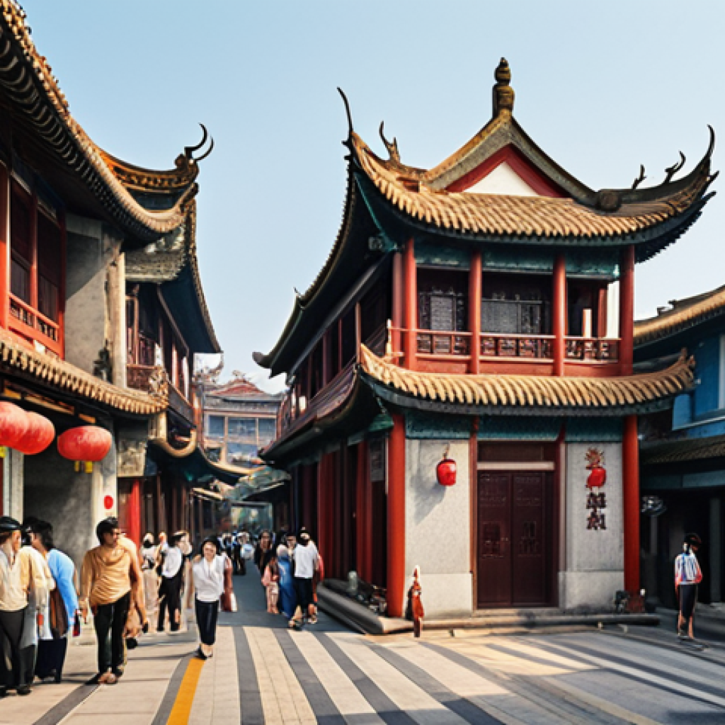 **A bustling port city scene:** Focus on the cultural fusion of a harbor town. Show a street in Xiamen, perhaps Gulangyu, with a mix of Chinese and Western architecture. Depict people from different cultures interacting, with signs in various languages. Capture the vibrant atmosphere of cultural exchange and artistic inspiration.