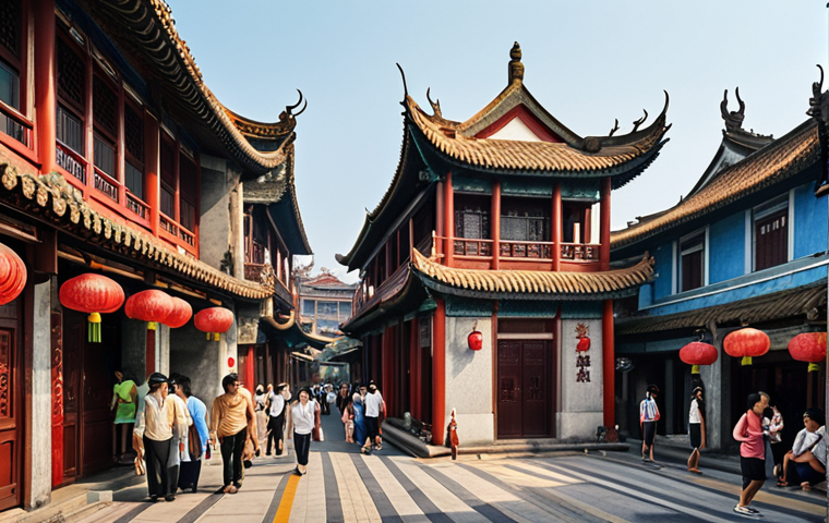 **A bustling port city scene:** Focus on the cultural fusion of a harbor town. Show a street in Xiamen, perhaps Gulangyu, with a mix of Chinese and Western architecture. Depict people from different cultures interacting, with signs in various languages. Capture the vibrant atmosphere of cultural exchange and artistic inspiration.
