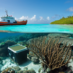**

A vibrant, healthy coral reef teeming with marine life. Above, clear turquoise water reflects sunlight, while in the distance, a modern, eco-friendly coastal city blends seamlessly with the natural landscape. Mangrove forests line the shore. A research vessel equipped with monitoring equipment is visible in the background. Focus on conveying a sense of harmony between urban development and a thriving marine ecosystem.

**