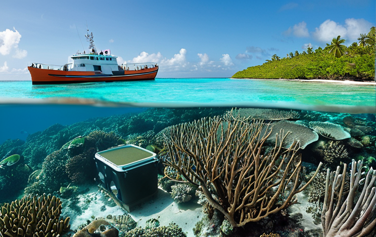 **

A vibrant, healthy coral reef teeming with marine life. Above, clear turquoise water reflects sunlight, while in the distance, a modern, eco-friendly coastal city blends seamlessly with the natural landscape. Mangrove forests line the shore. A research vessel equipped with monitoring equipment is visible in the background. Focus on conveying a sense of harmony between urban development and a thriving marine ecosystem.

**