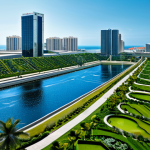 Coastal City Water Management - Technology & Nature**

A vibrant coastal city panorama, showcasing modern skyscrapers alongside lush green spaces. In the foreground, a state-of-the-art desalination plant blends seamlessly with a meticulously designed rainwater harvesting system. The image highlights advanced water monitoring sensors integrated into the landscape. Sky is clear and blue. Fully clothed people are visible in the scene, engaging in activities appropriate for the setting. Safe for work, appropriate content, fully clothed, professional, perfect anatomy, natural proportions, high quality, realistic, detailed.

**
