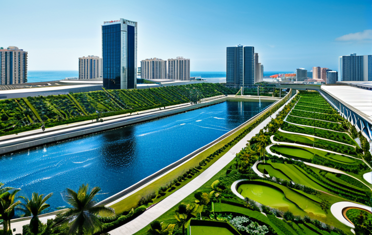 Coastal City Water Management - Technology & Nature**

A vibrant coastal city panorama, showcasing modern skyscrapers alongside lush green spaces. In the foreground, a state-of-the-art desalination plant blends seamlessly with a meticulously designed rainwater harvesting system. The image highlights advanced water monitoring sensors integrated into the landscape. Sky is clear and blue. Fully clothed people are visible in the scene, engaging in activities appropriate for the setting. Safe for work, appropriate content, fully clothed, professional, perfect anatomy, natural proportions, high quality, realistic, detailed.

**
