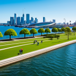**Prompt:** A vibrant coastal city skyline with modern flood defenses integrated into the architecture, lush green spaces and parks along the waterfront, fully clothed pedestrians enjoying the scenery, clear blue skies, safe for work, appropriate content, professional architecture photography, perfect anatomy, natural proportions, high quality, family-friendly.