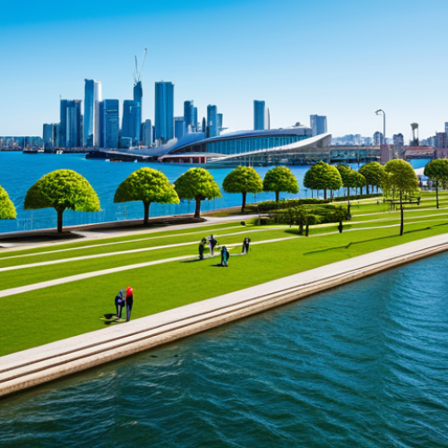 **Prompt:** A vibrant coastal city skyline with modern flood defenses integrated into the architecture, lush green spaces and parks along the waterfront, fully clothed pedestrians enjoying the scenery, clear blue skies, safe for work, appropriate content, professional architecture photography, perfect anatomy, natural proportions, high quality, family-friendly.