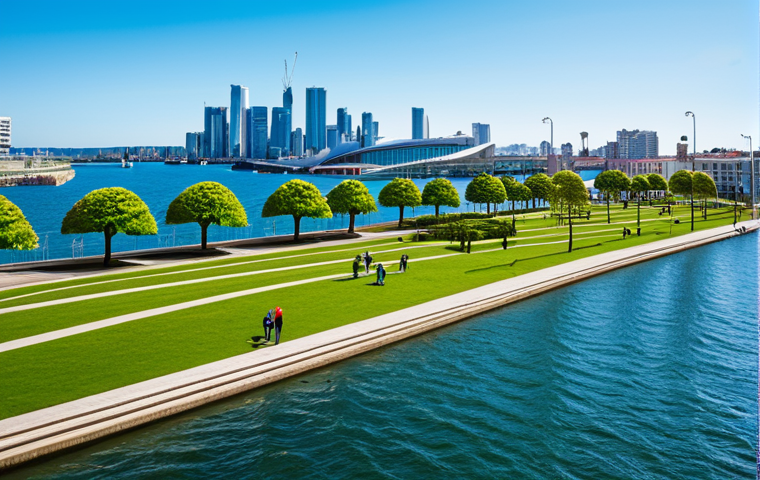 **Prompt:** A vibrant coastal city skyline with modern flood defenses integrated into the architecture, lush green spaces and parks along the waterfront, fully clothed pedestrians enjoying the scenery, clear blue skies, safe for work, appropriate content, professional architecture photography, perfect anatomy, natural proportions, high quality, family-friendly.