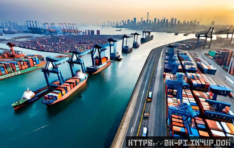 해양 도시의 경제적 영향 분석 - Photorealistic aerial view of a modern coastal city at sunrise, busy container port with cranes and ...