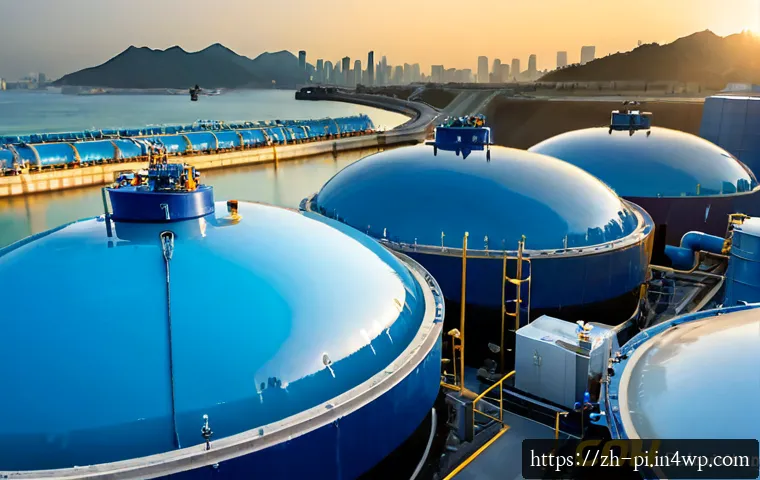 해양 도시에서의 식수 공급 및 관리 - Photorealistic coastal city drinking water treatment facility at sunrise, clear view of large desali...