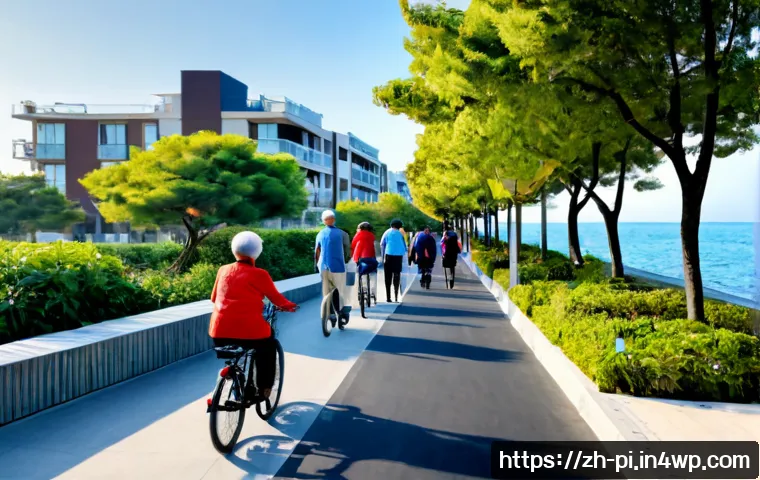 해양 도시의 건강한 생활 환경 조성 - Photorealistic coastal eco-city waterfront at sunrise, clean pedestrian promenade beside calm blue s...