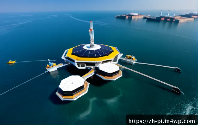 해양 도시 건설을 위한 최신 기술 - Photorealistic aerial view of a futuristic floating ocean city under construction, modular hexagonal...
