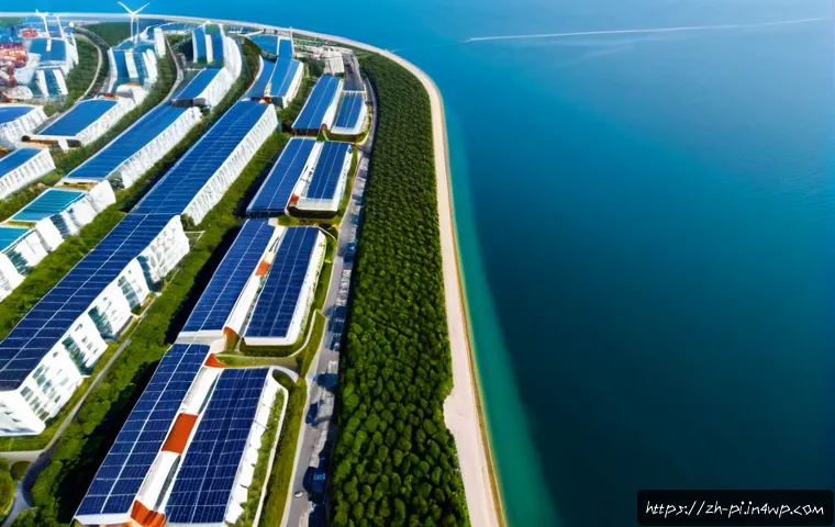 해양 도시 설계의 기본 원칙 - Photorealistic aerial view of a resilient coastal city designed around natural harbor protection, el...